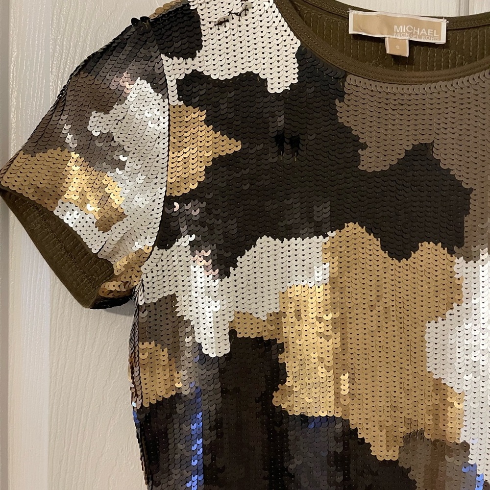 Michael Kors Sequin Camo Tee in Black, Gold, and White
